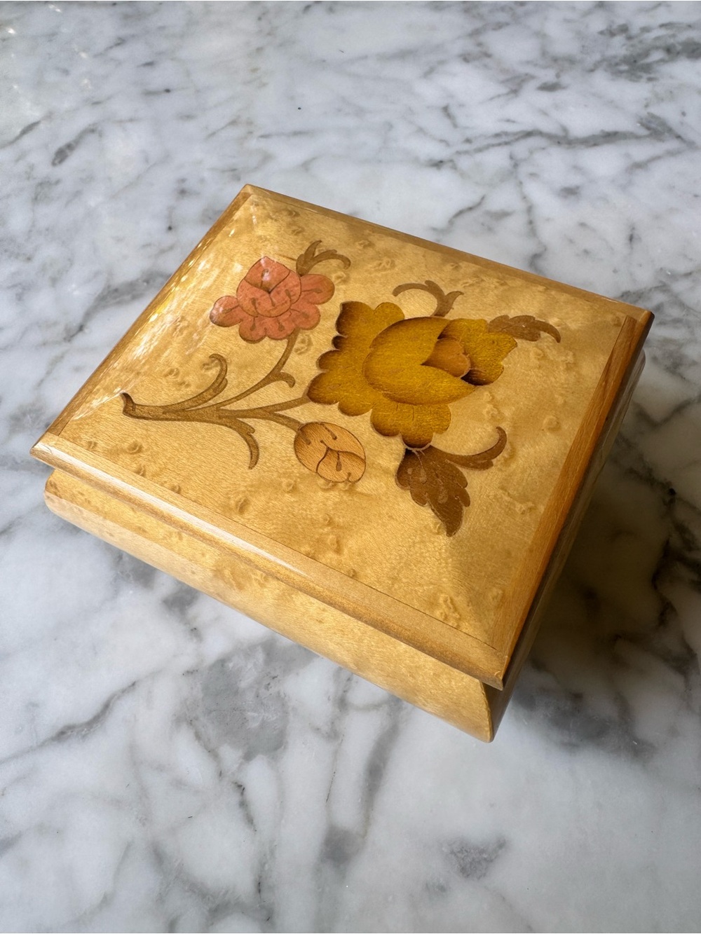 Midcentury Italian burl wood & brass music box with floral design